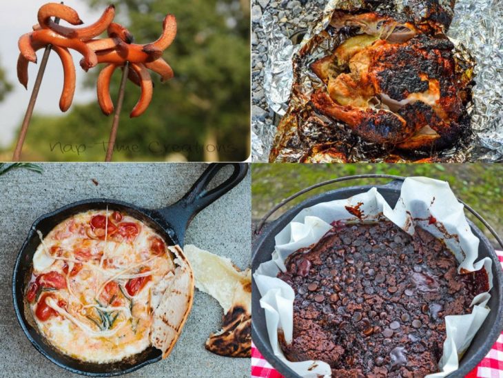 four different types of meals that were cooked over a campfire.