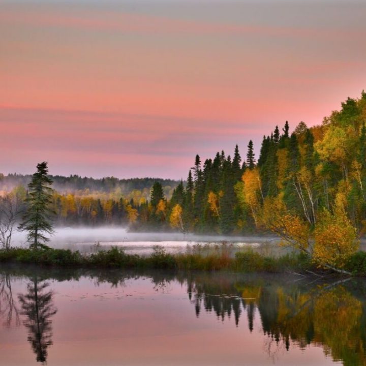 Photo of crystal clear lake surrounded by trees with fall foliage at sunset with a purple pink cast to the sky.