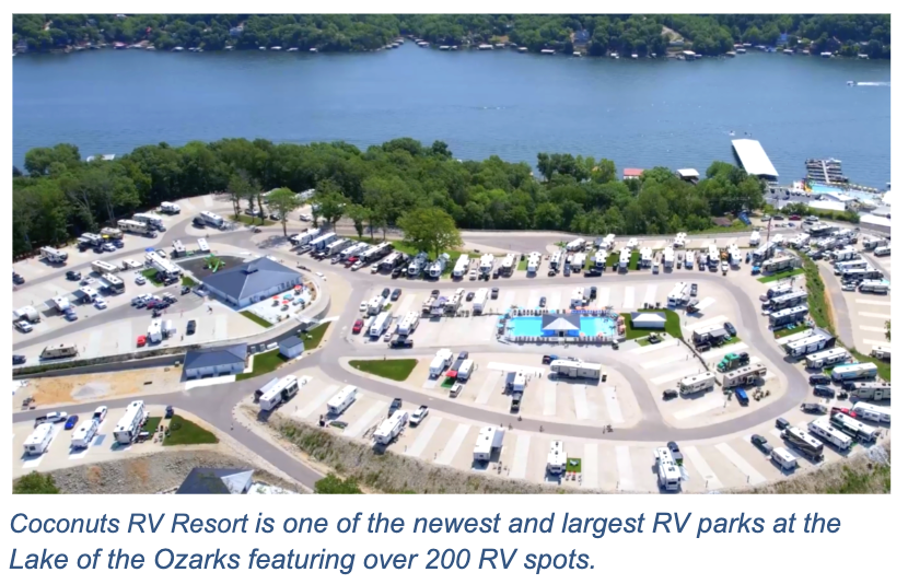 Aerial view of Coconuts RV Resort in Lake of the Ozarks, MO.